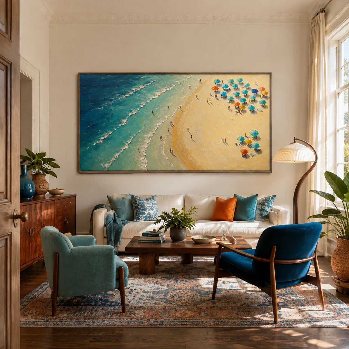 sunlit shoreline displayed in a family living room