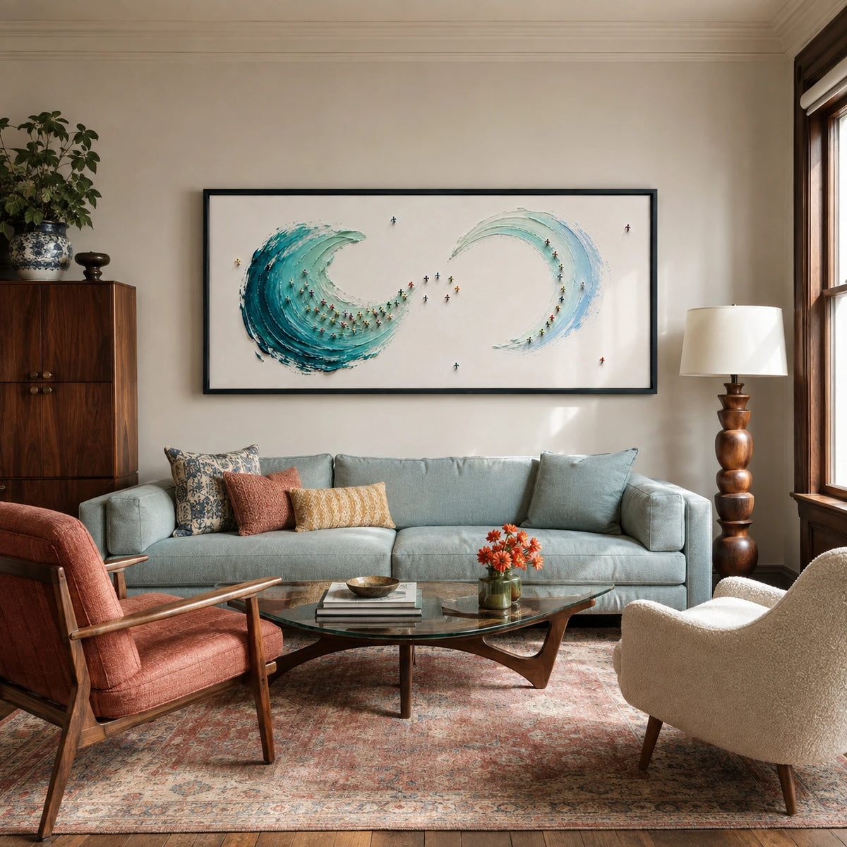 riding the endless tide displayed in a family living room
