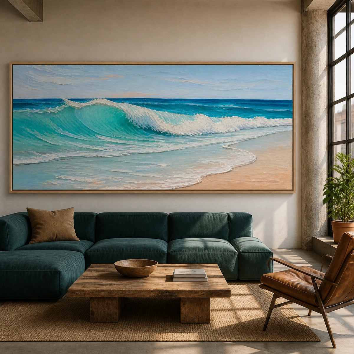 shorebreak in turquoise displayed in a loft living room