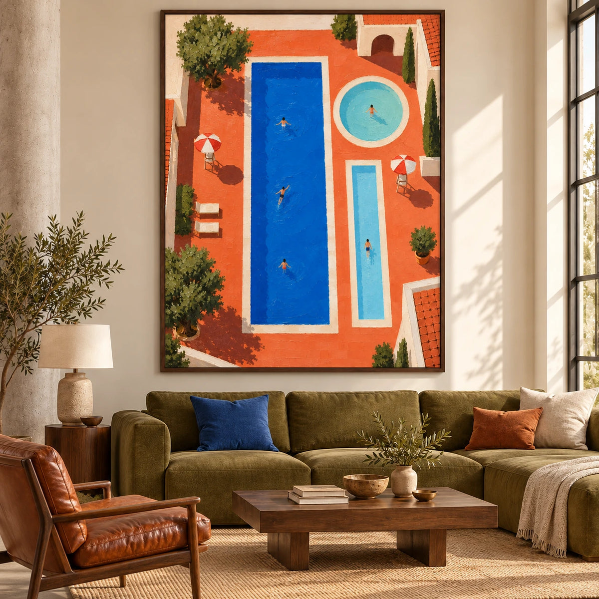 terracotta pool lines displayed in a loft living room