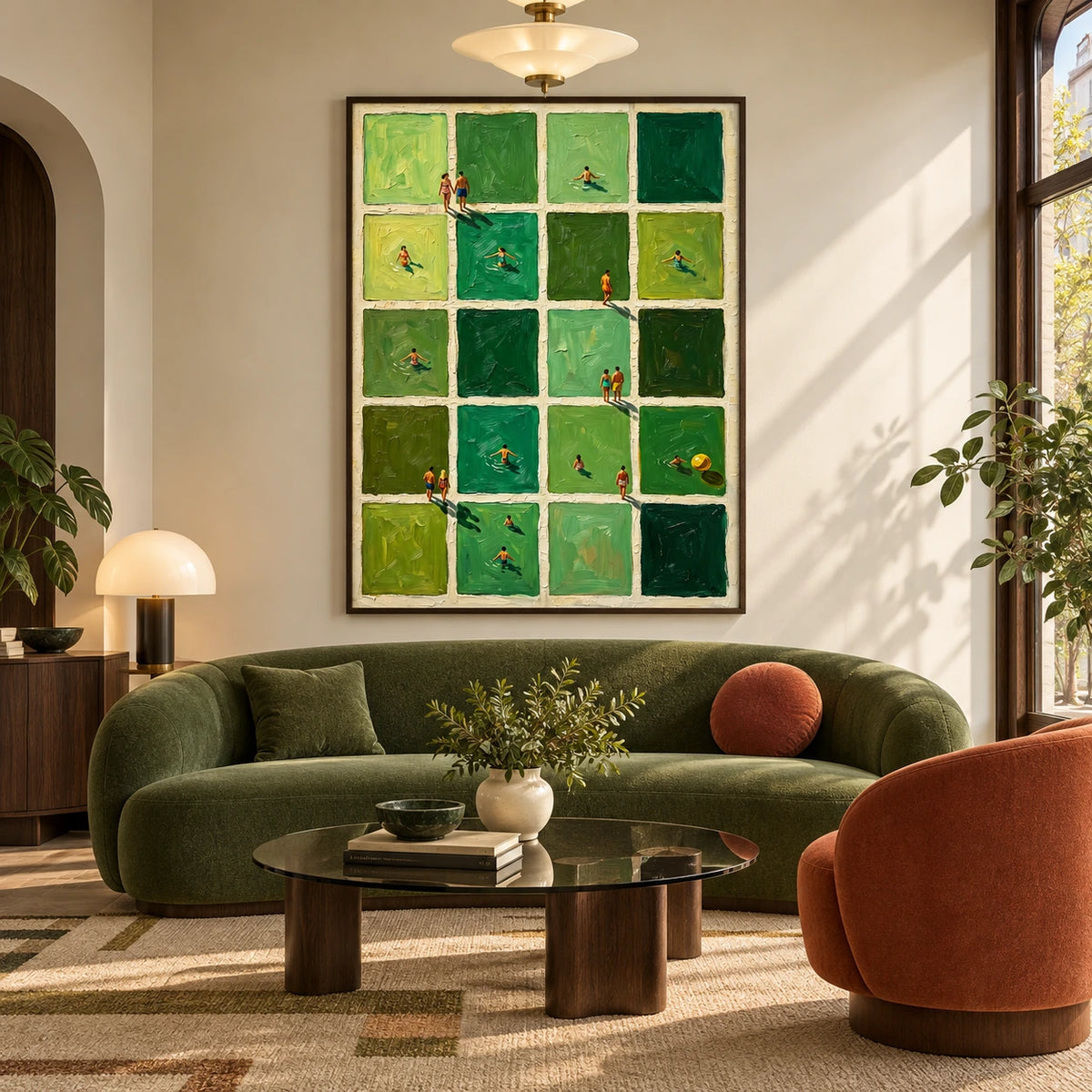 green water, open paths displayed in a art deco living salon