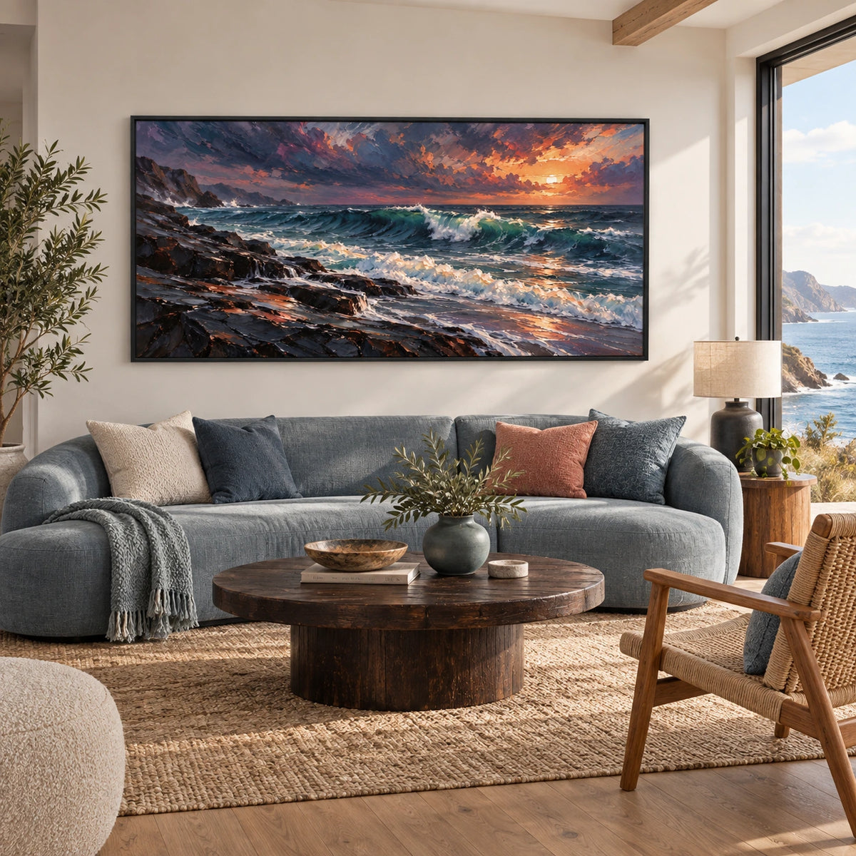 coastal fire displayed in a coastal living room