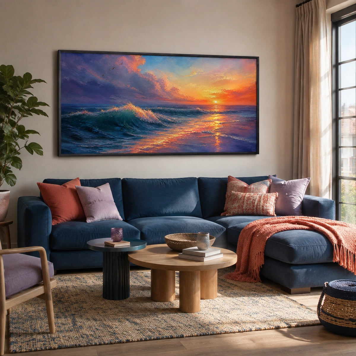 open water at sundown displayed in a living room