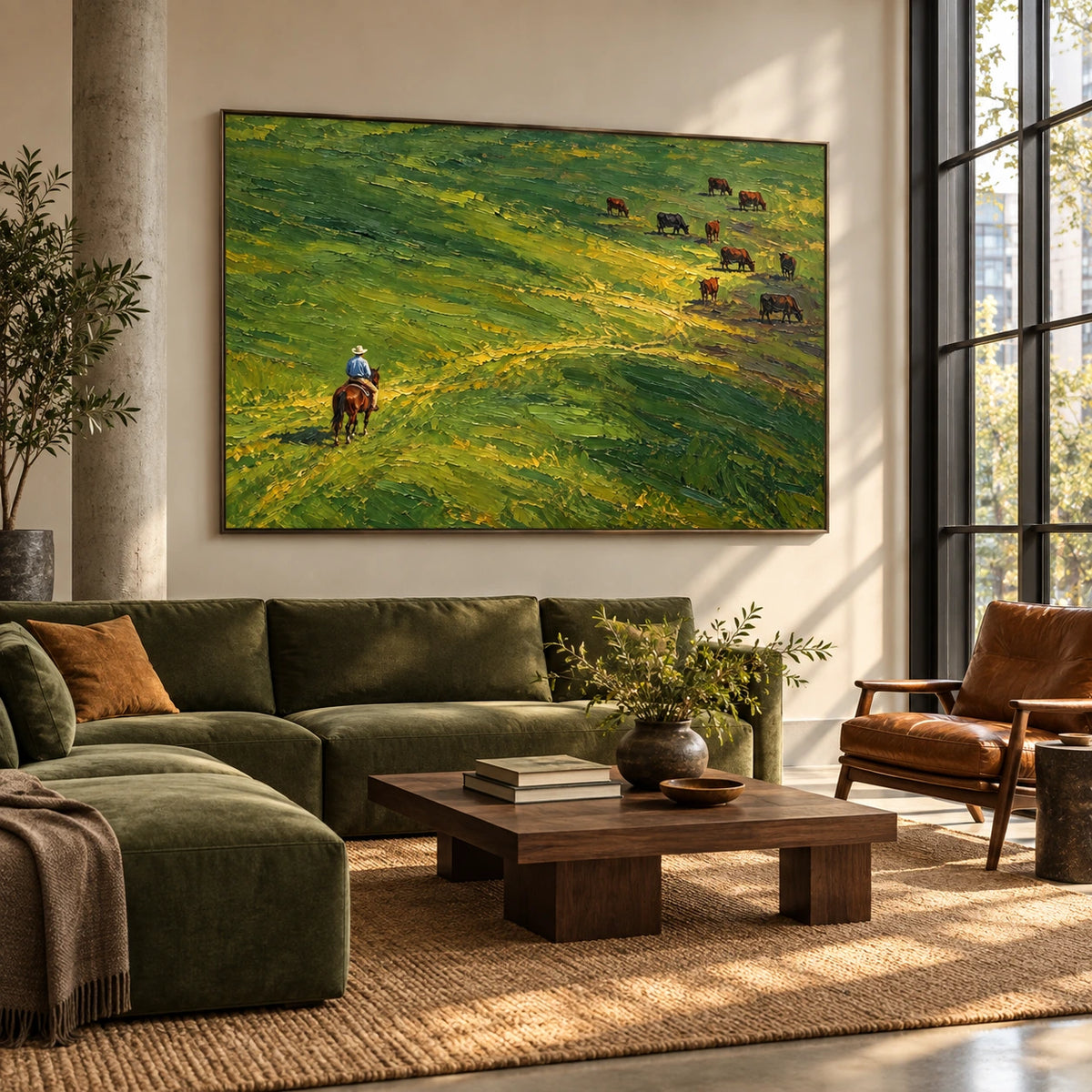 green pasture riders displayed in a loft living room