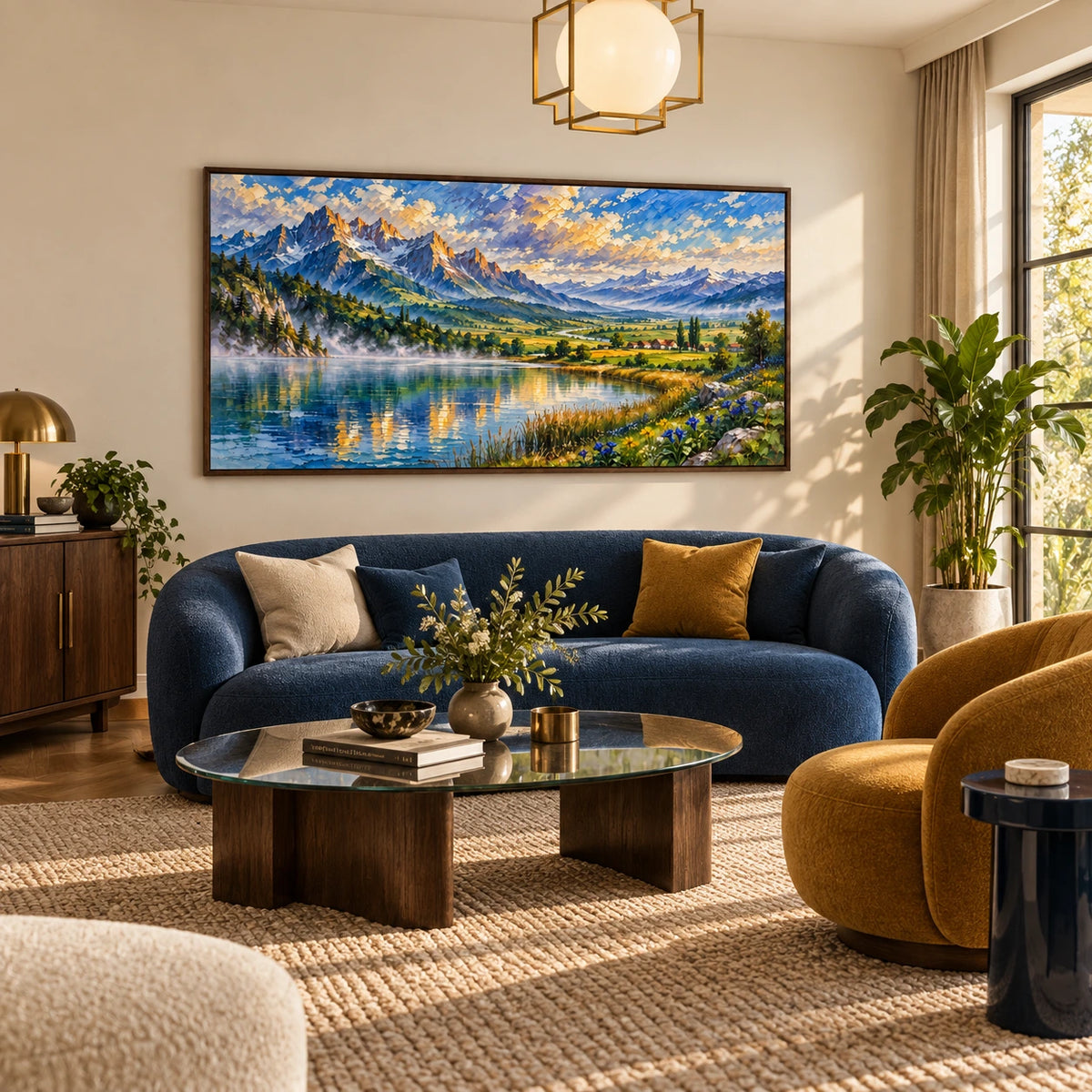 mountain lake valley displayed in a art deco living room