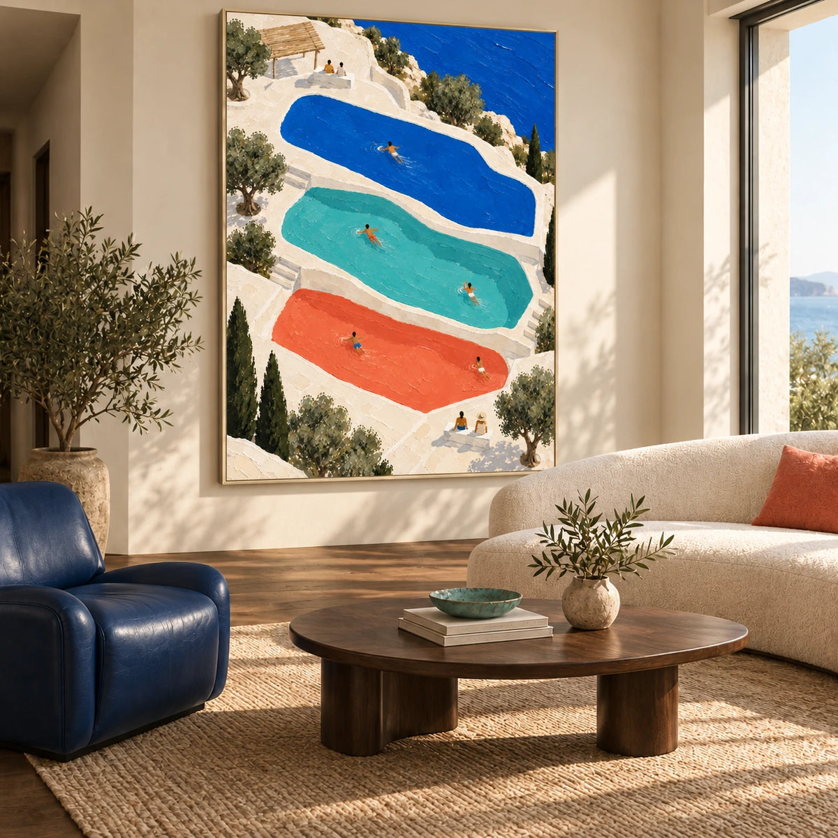 three pools in sunlight displayed in a living room