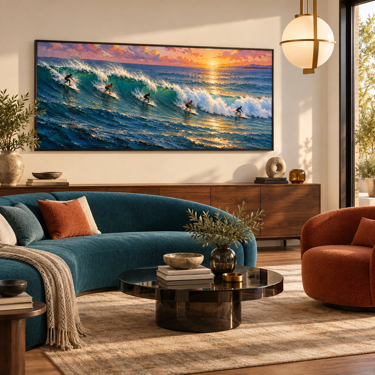 sunset wave riders displayed in a living room