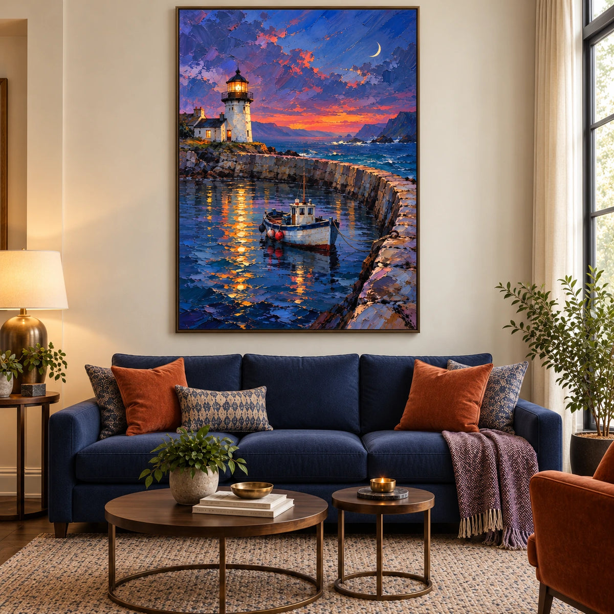 lighthouse harbor at dusk displayed in a living room