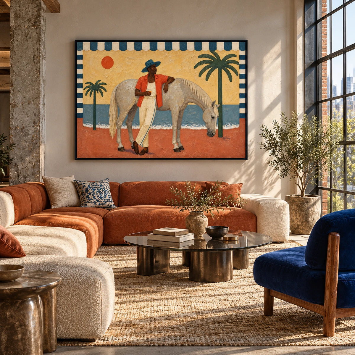 man and horse by the sea displayed in a urban loft living room