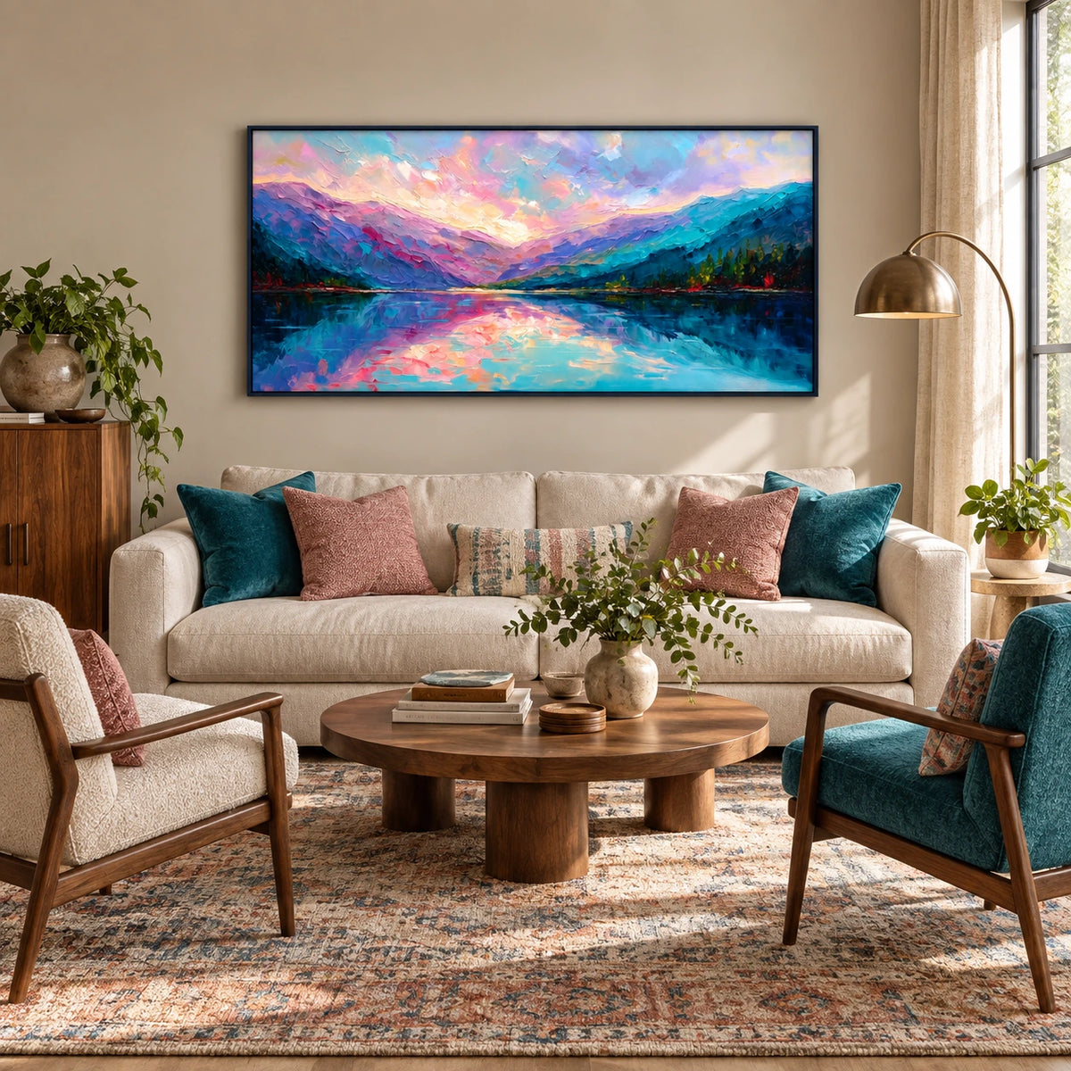 pastel mountain lake displayed in a family living room