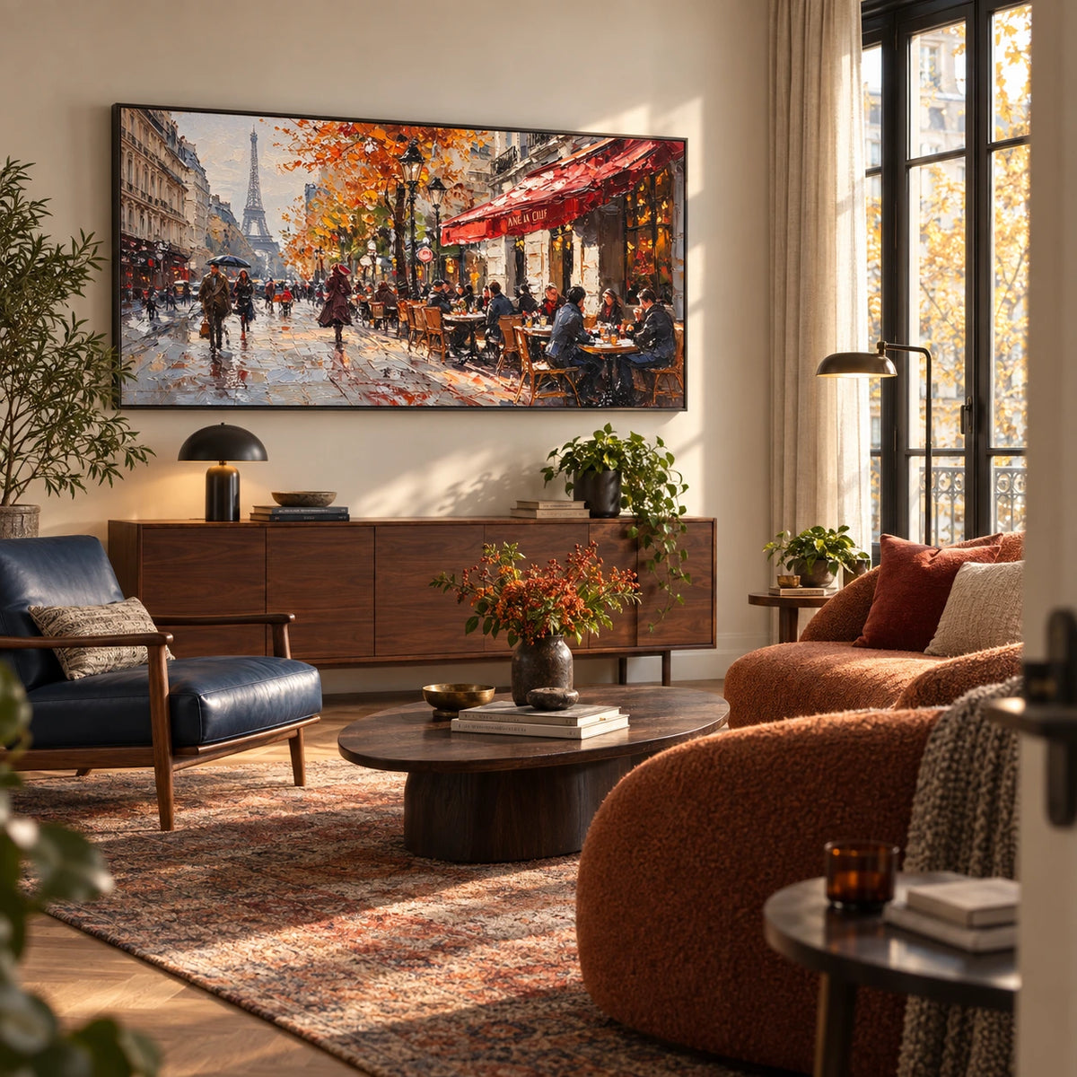 paris cafe in autumn displayed in a living room
