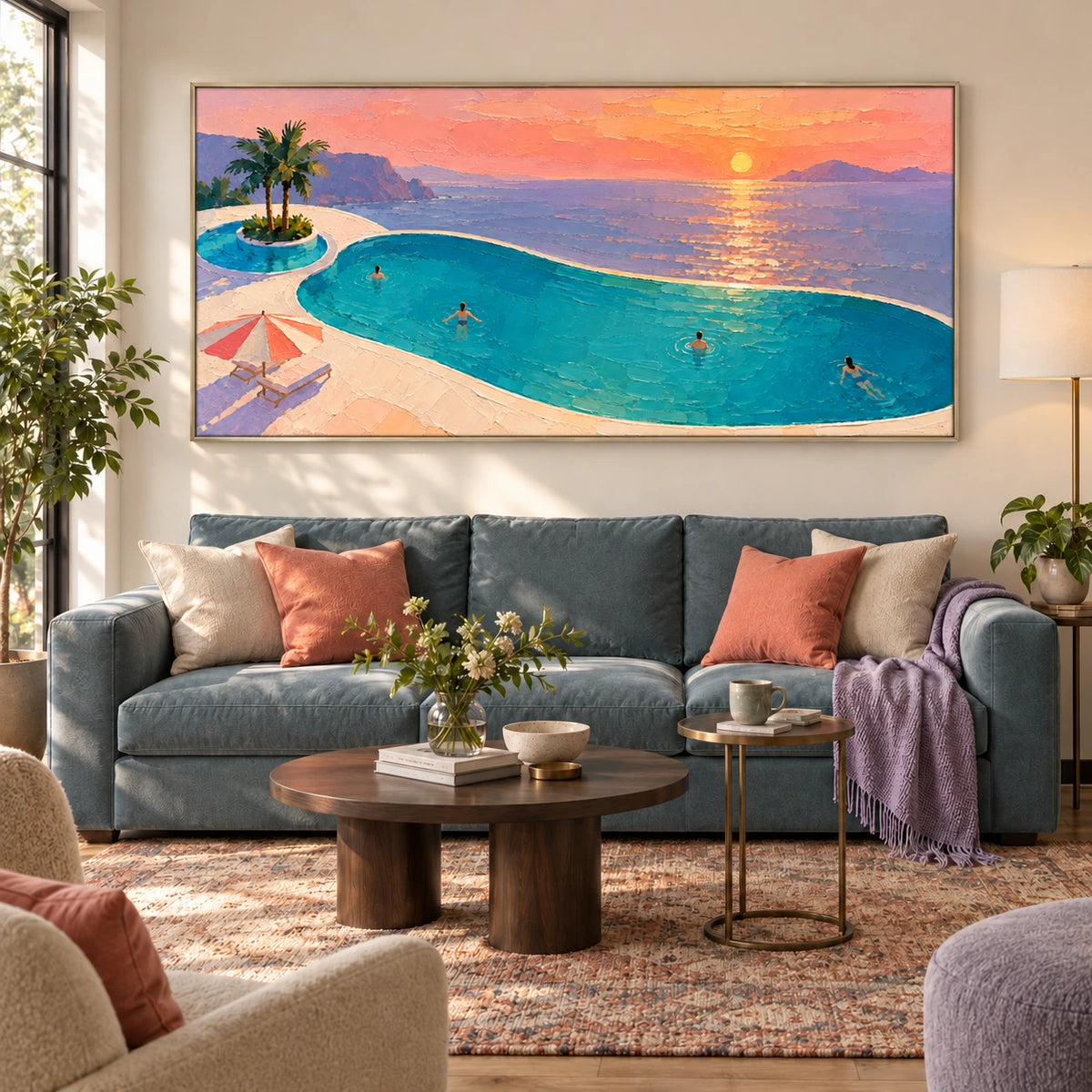 sunset pool over the sea displayed in a living room