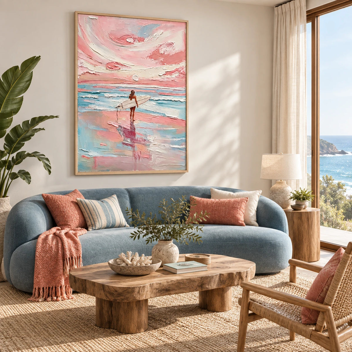surfing into pink tide displayed in a coastal living room