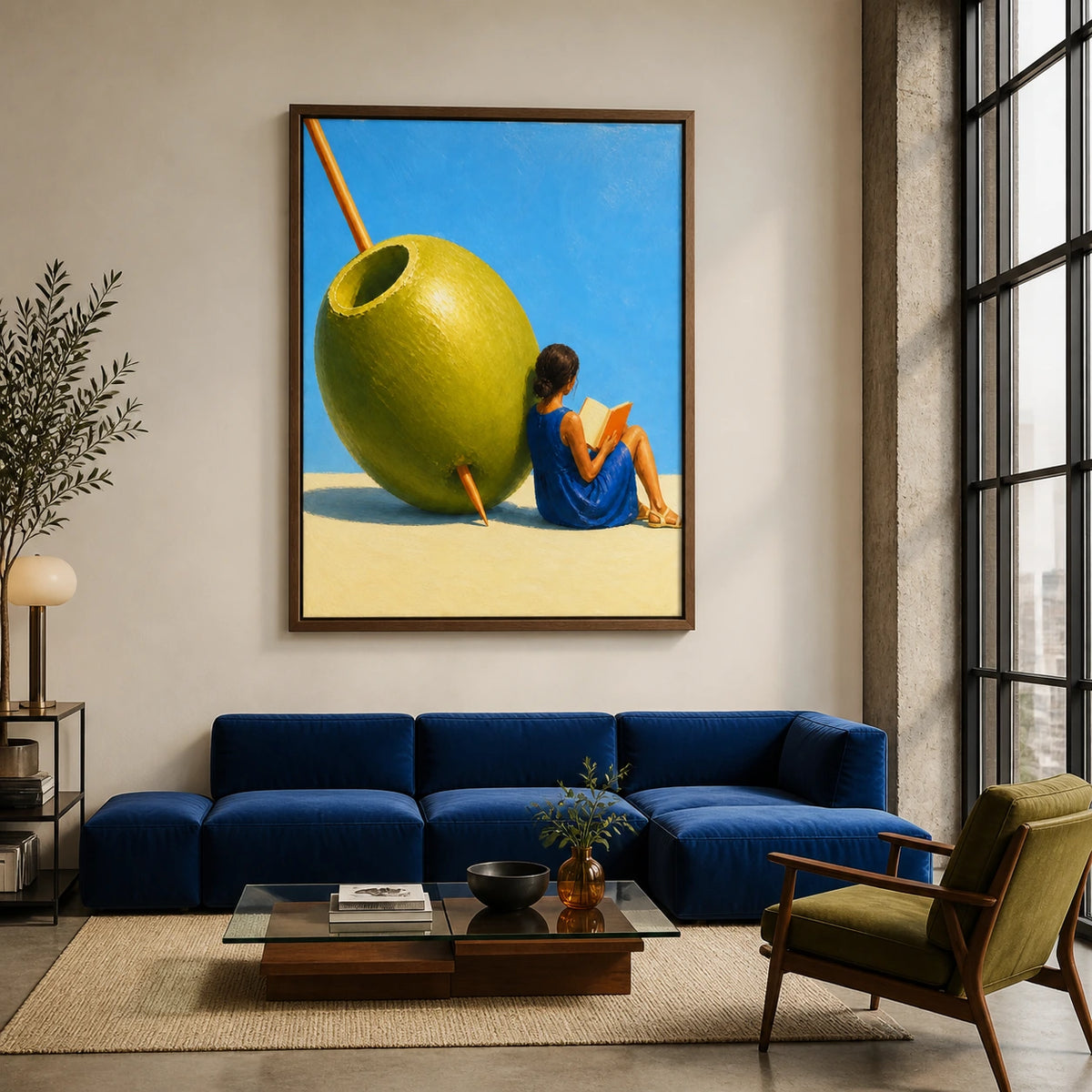 olive-side escape displayed in a loft living room