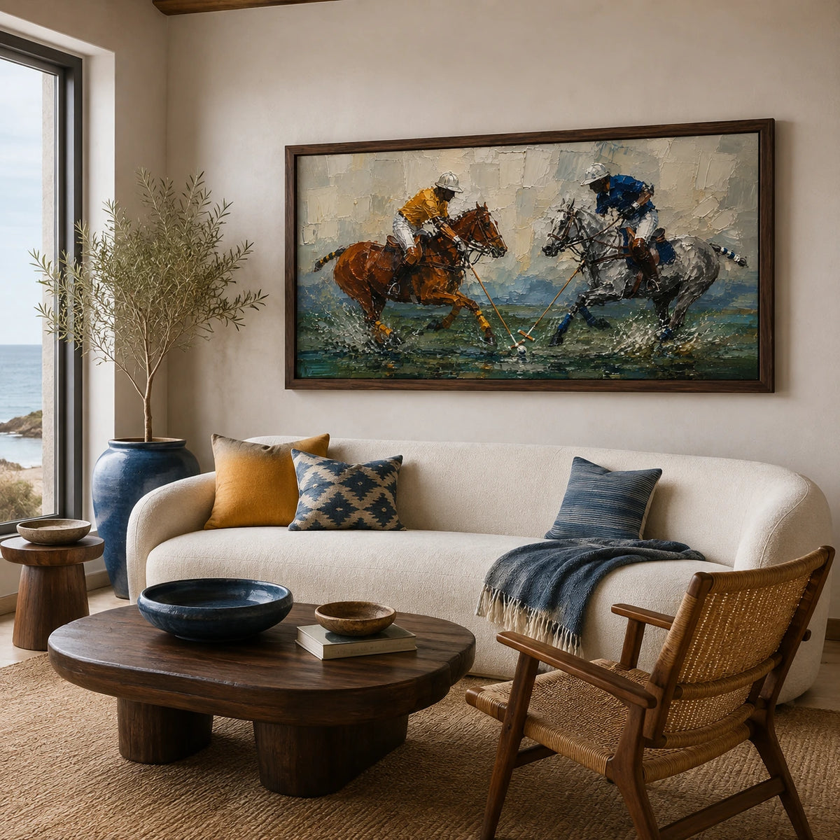 polo riders at low tide displayed in a coastal living room