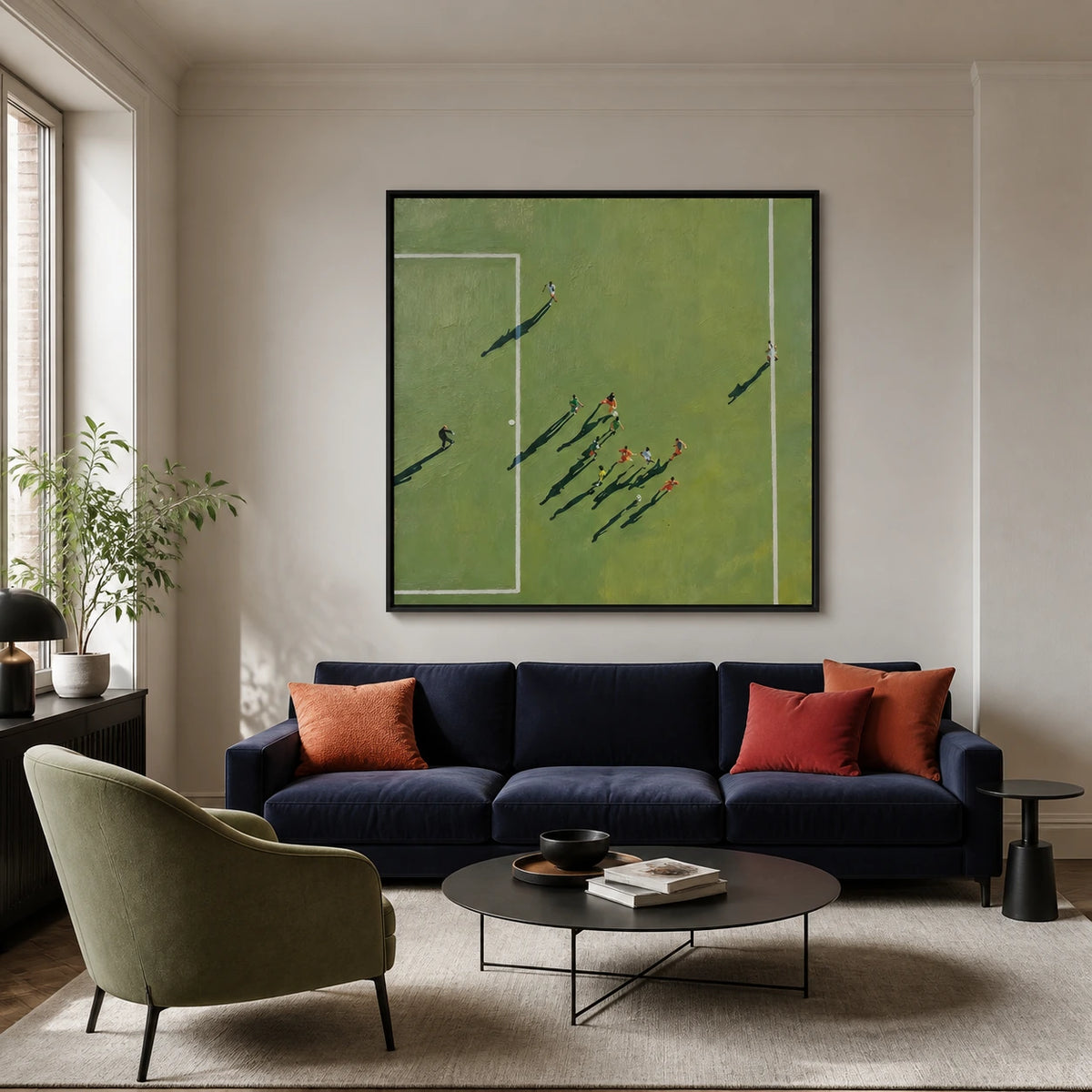 long shadows, open play displayed in a living room