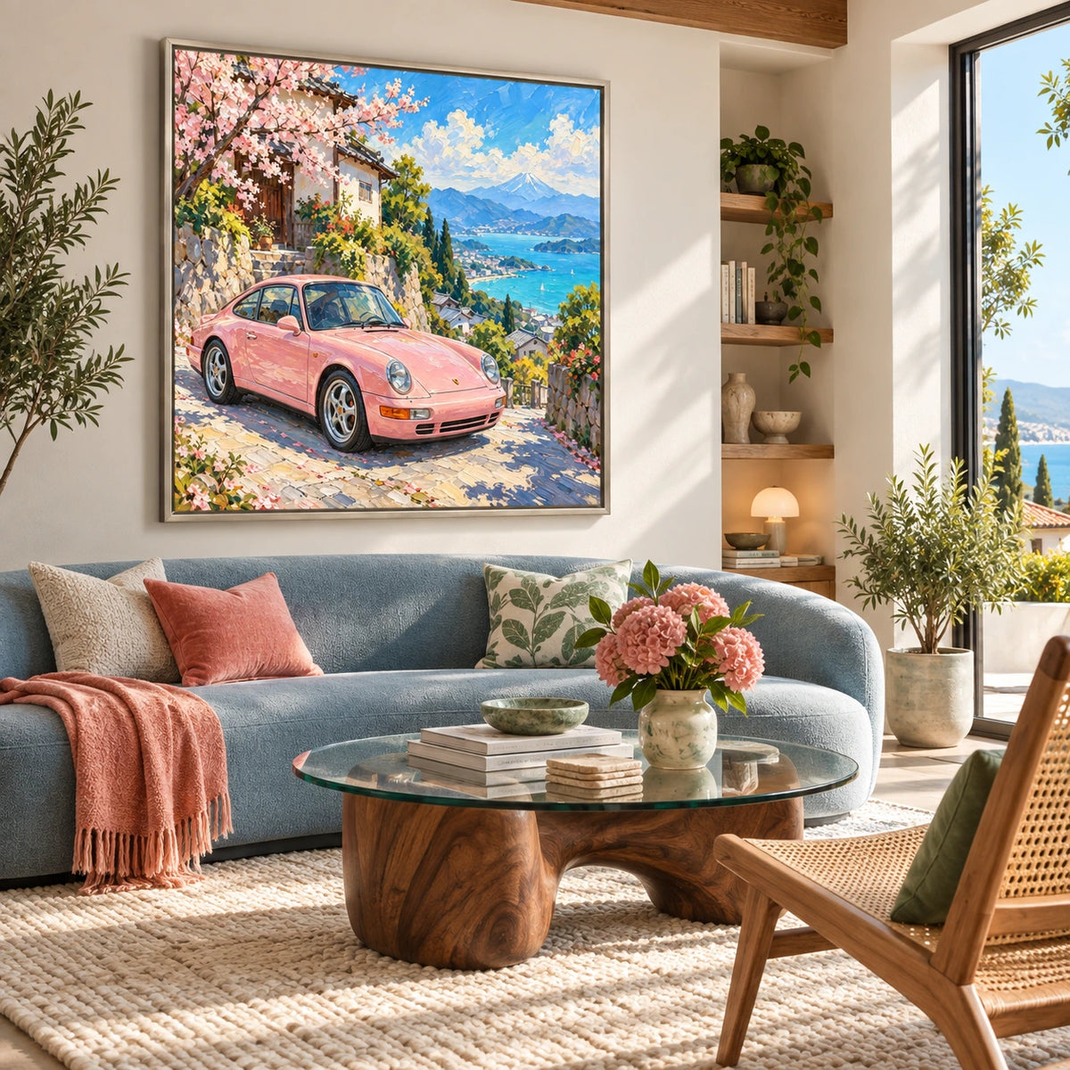 cherry blossom coast drive displayed in a coastal living room