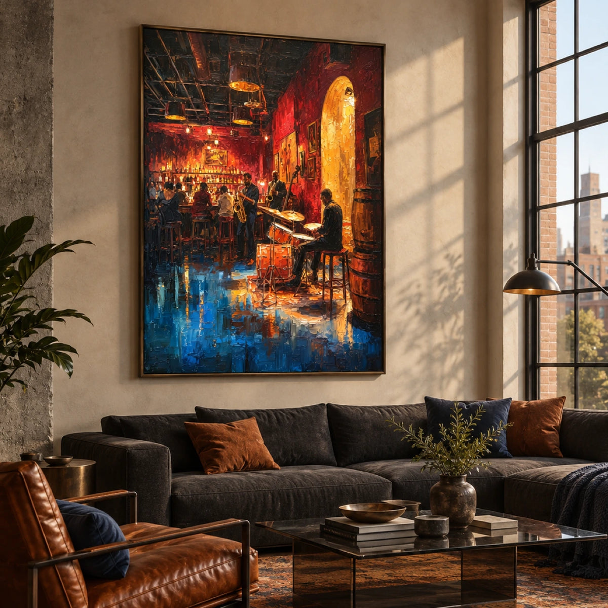late night jazz club displayed in a urban loft living room