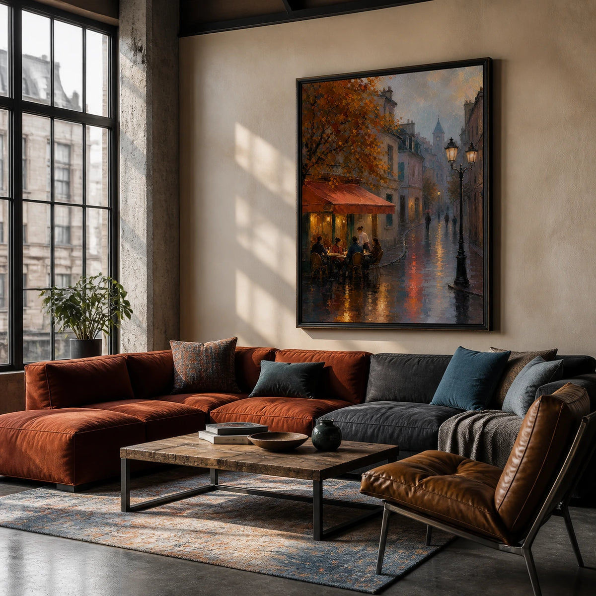 rainlit cafe evening displayed in a loft living room