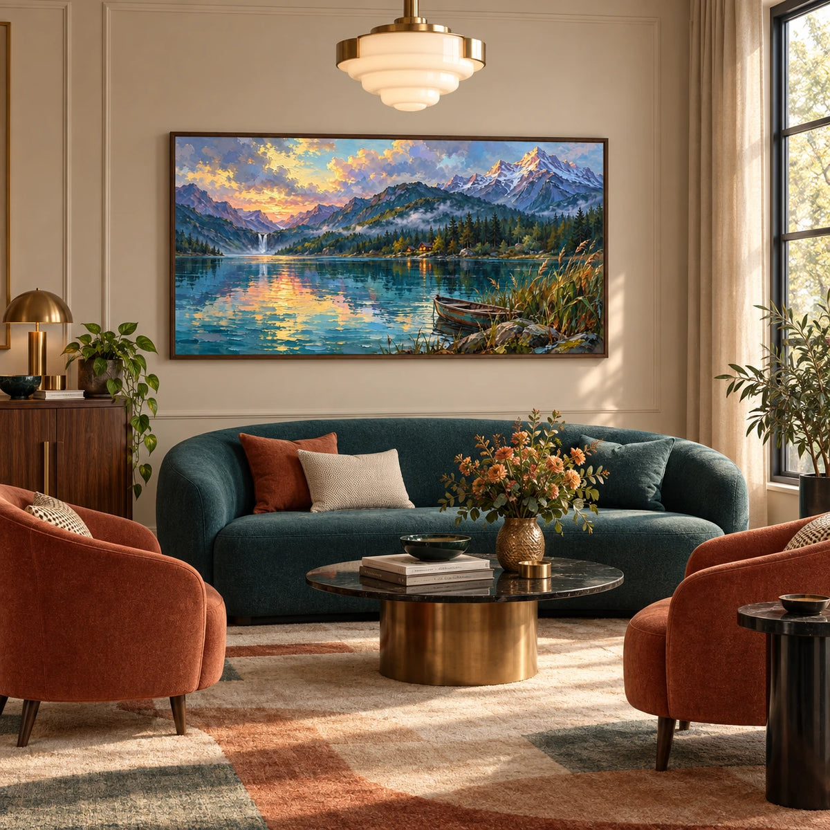 alpine lake at dusk displayed in a art deco living salon