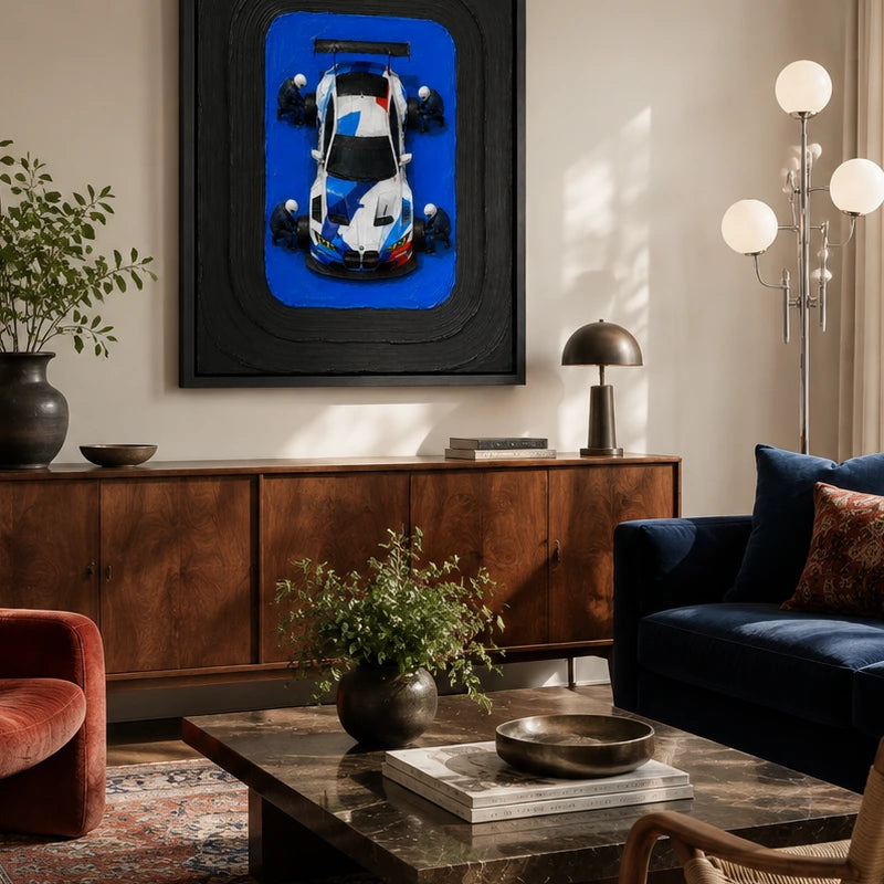 pit crew in blue displayed in a family living room