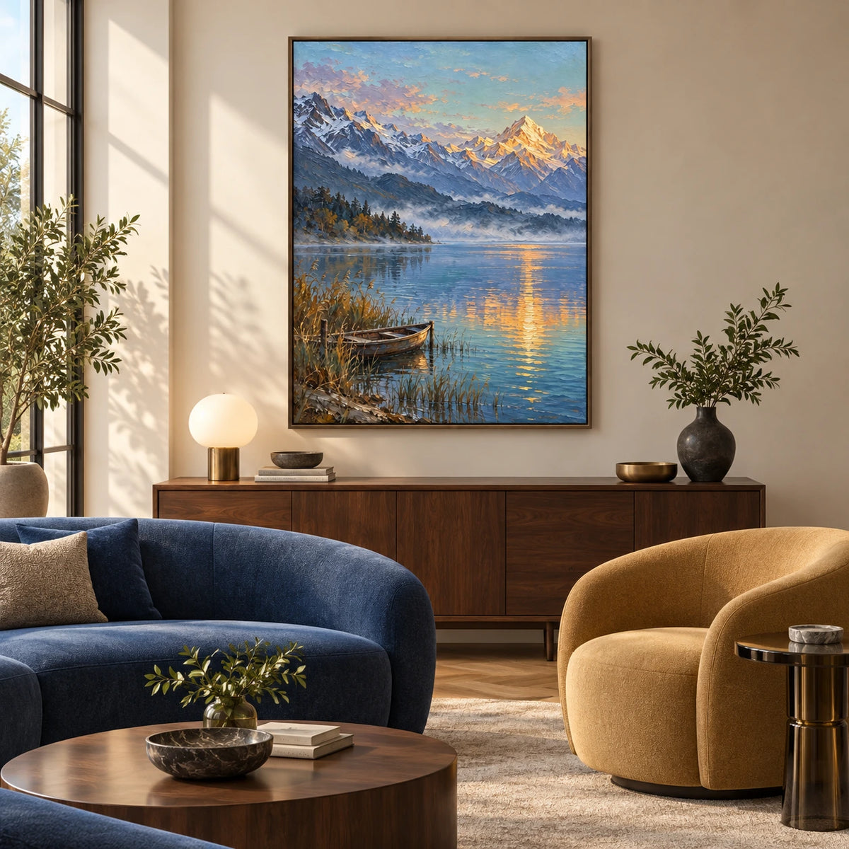 golden hour mountain lake displayed in a living salon