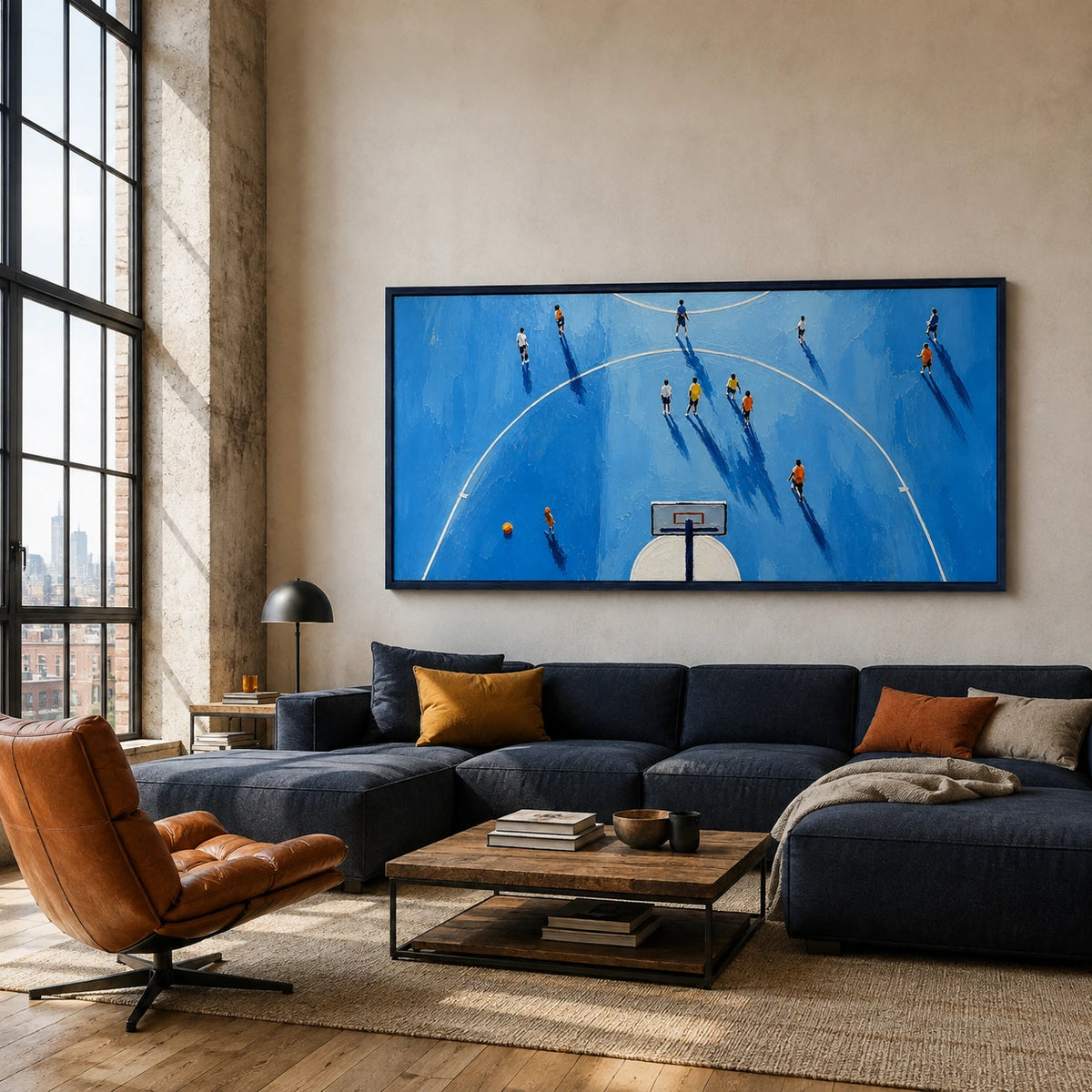 long shadows on blue court displayed in a living room