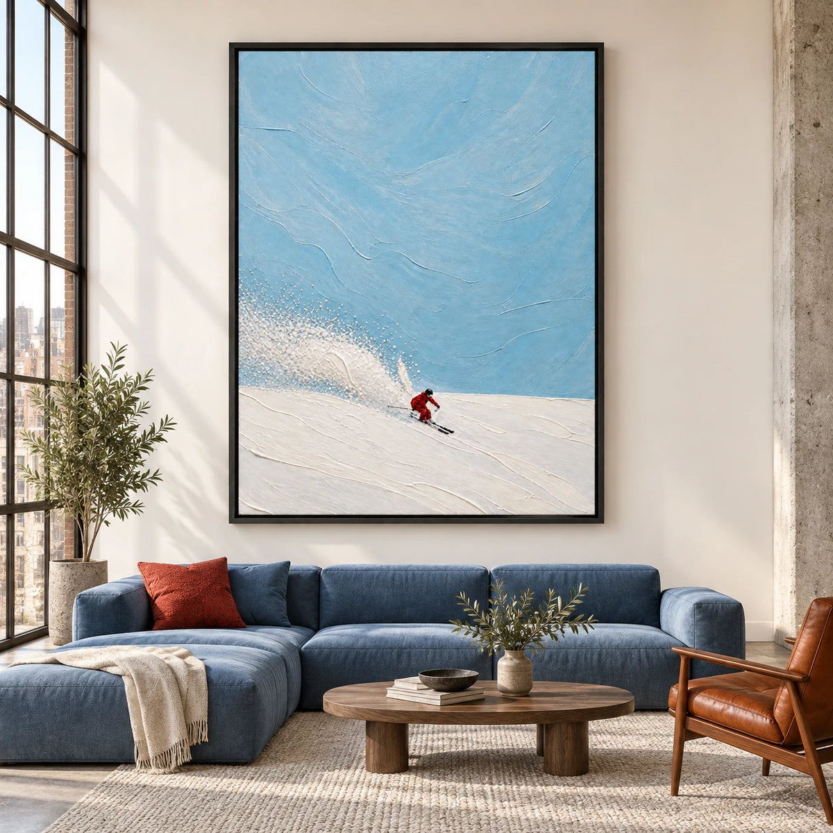 red descent displayed in a loft living room