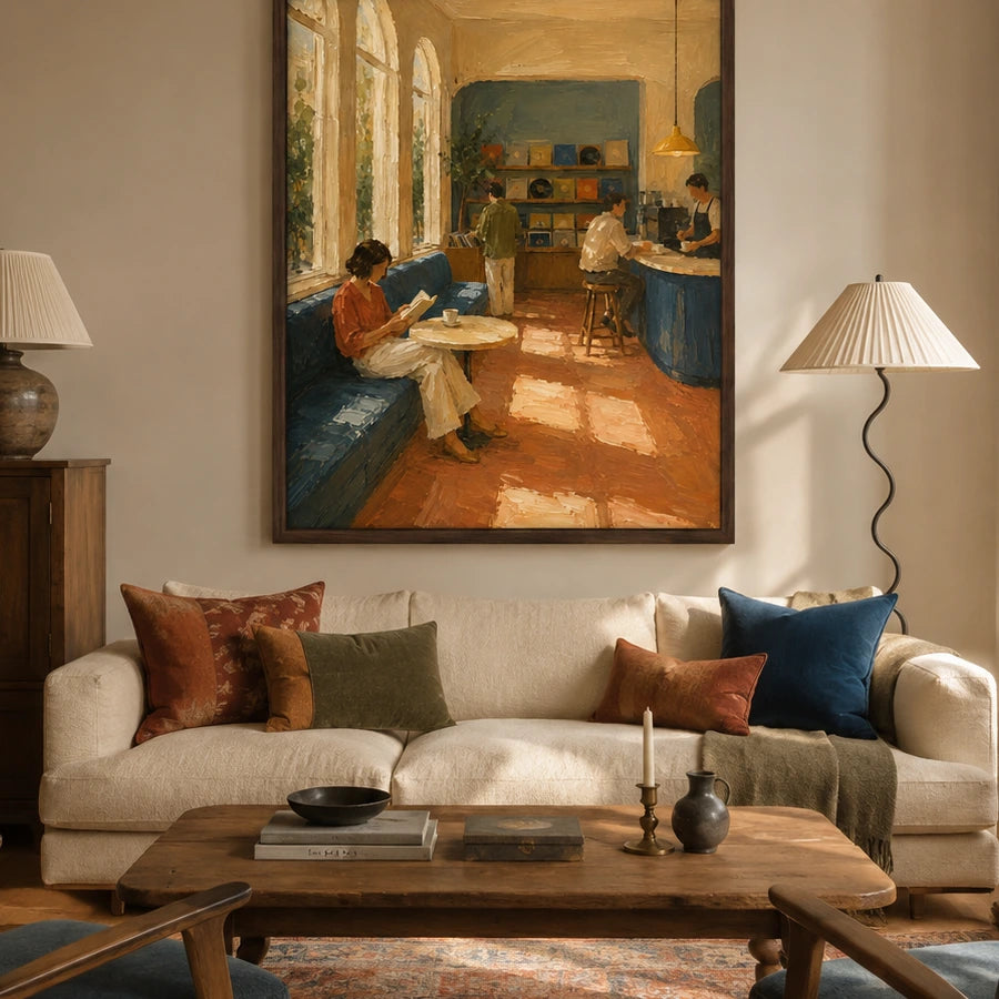 sunlit record café displayed in a family living room
