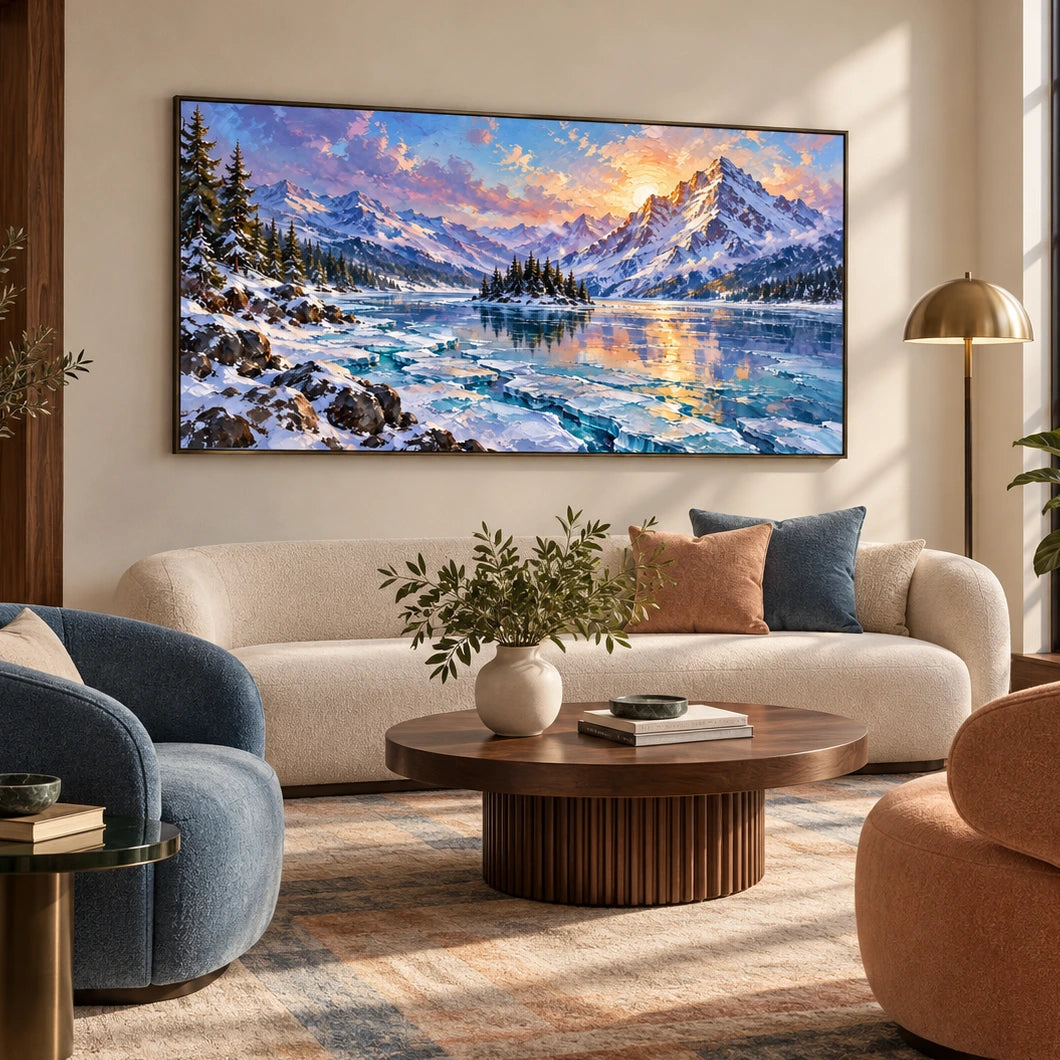 dawn reflected in alpine stillness displayed in a art deco living room