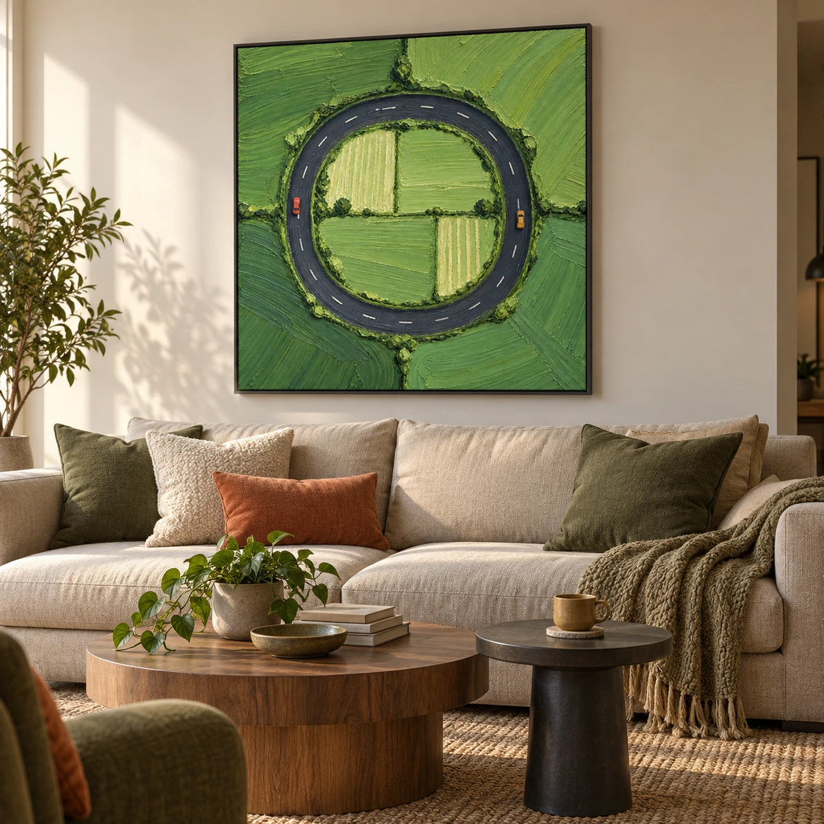 green loop road displayed in a living room