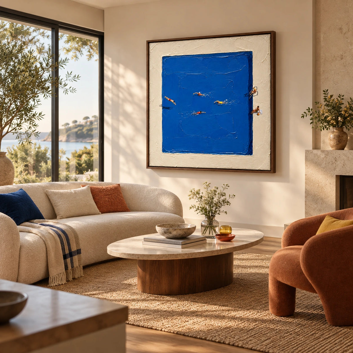 bluewater swimmers displayed in a warm contemporary living room
