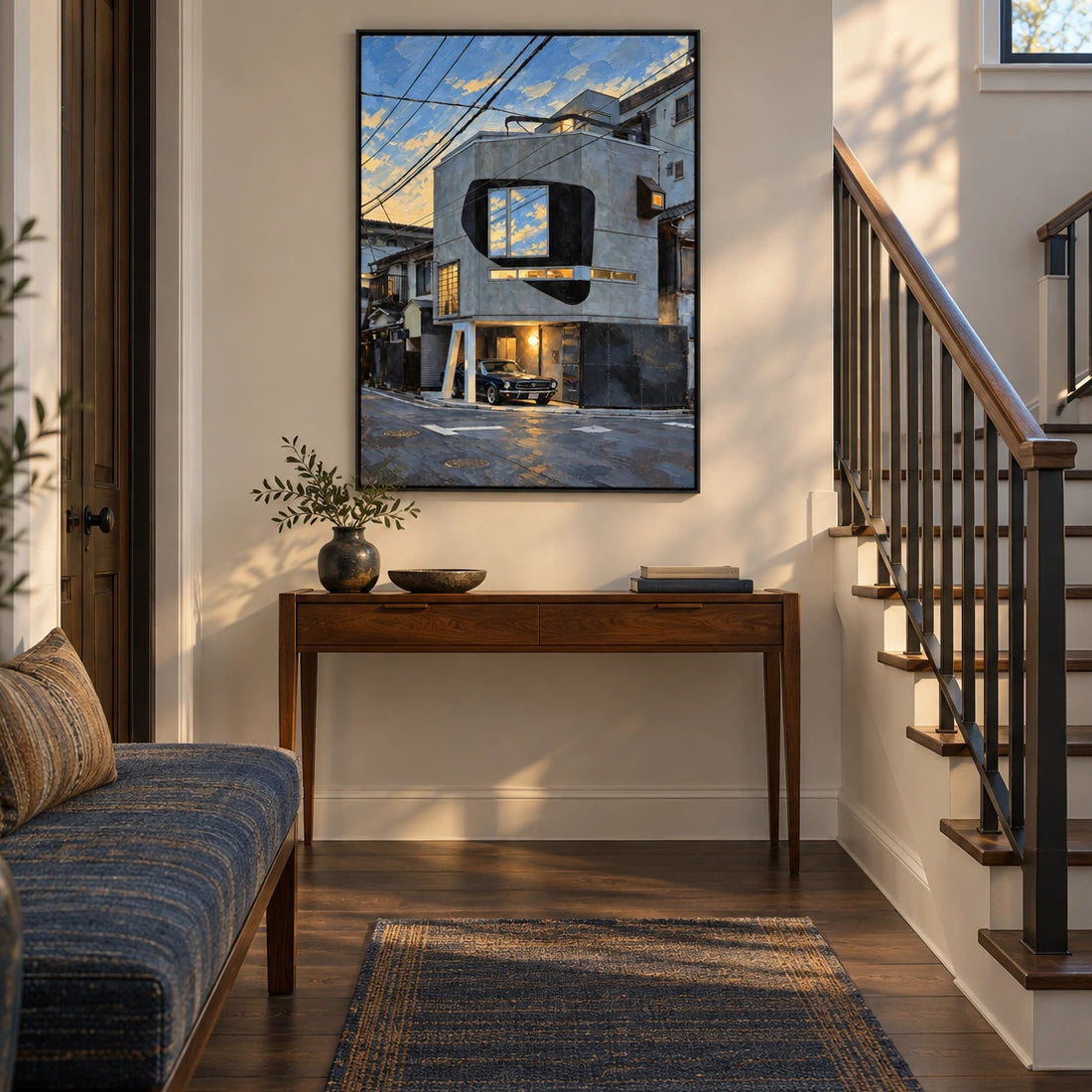 blue hour garage street displayed in a entry hall