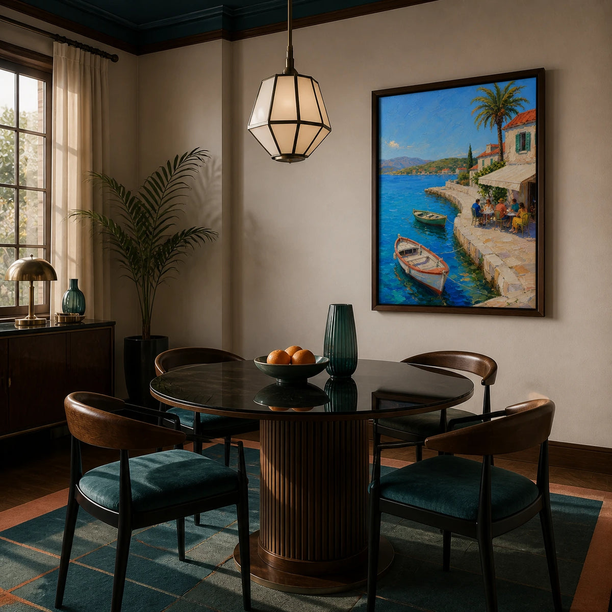 lunch by the blue harbor displayed in a dining room