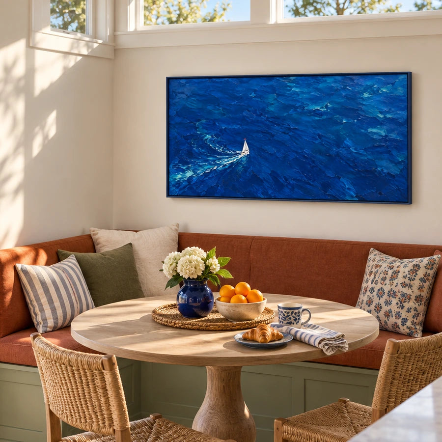 sail into blue displayed in a breakfast nook