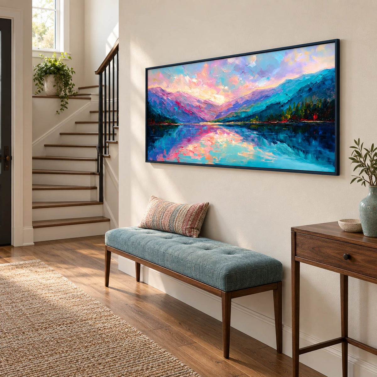 pastel mountain lake displayed in a entry hall