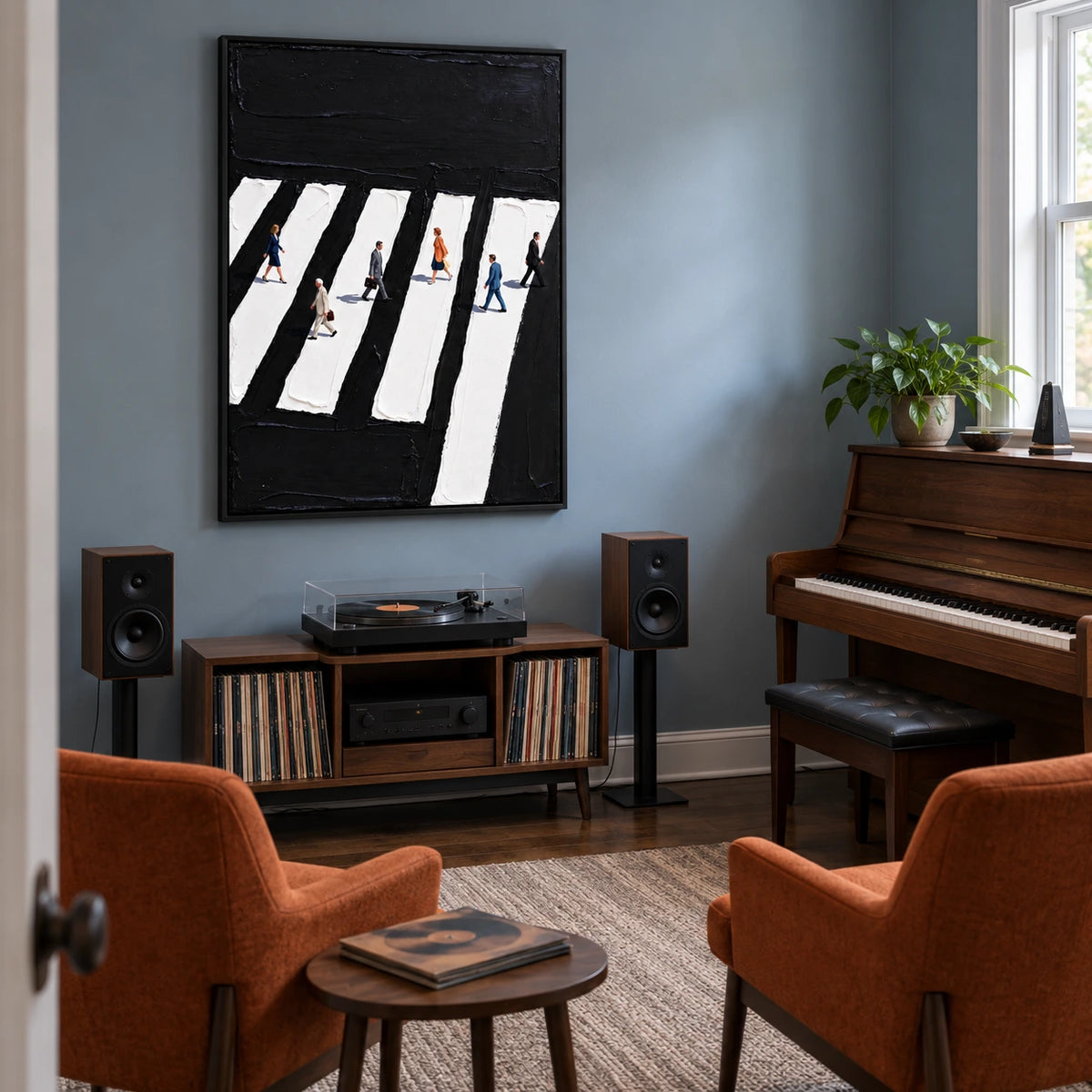 walking between the keys displayed in a music room