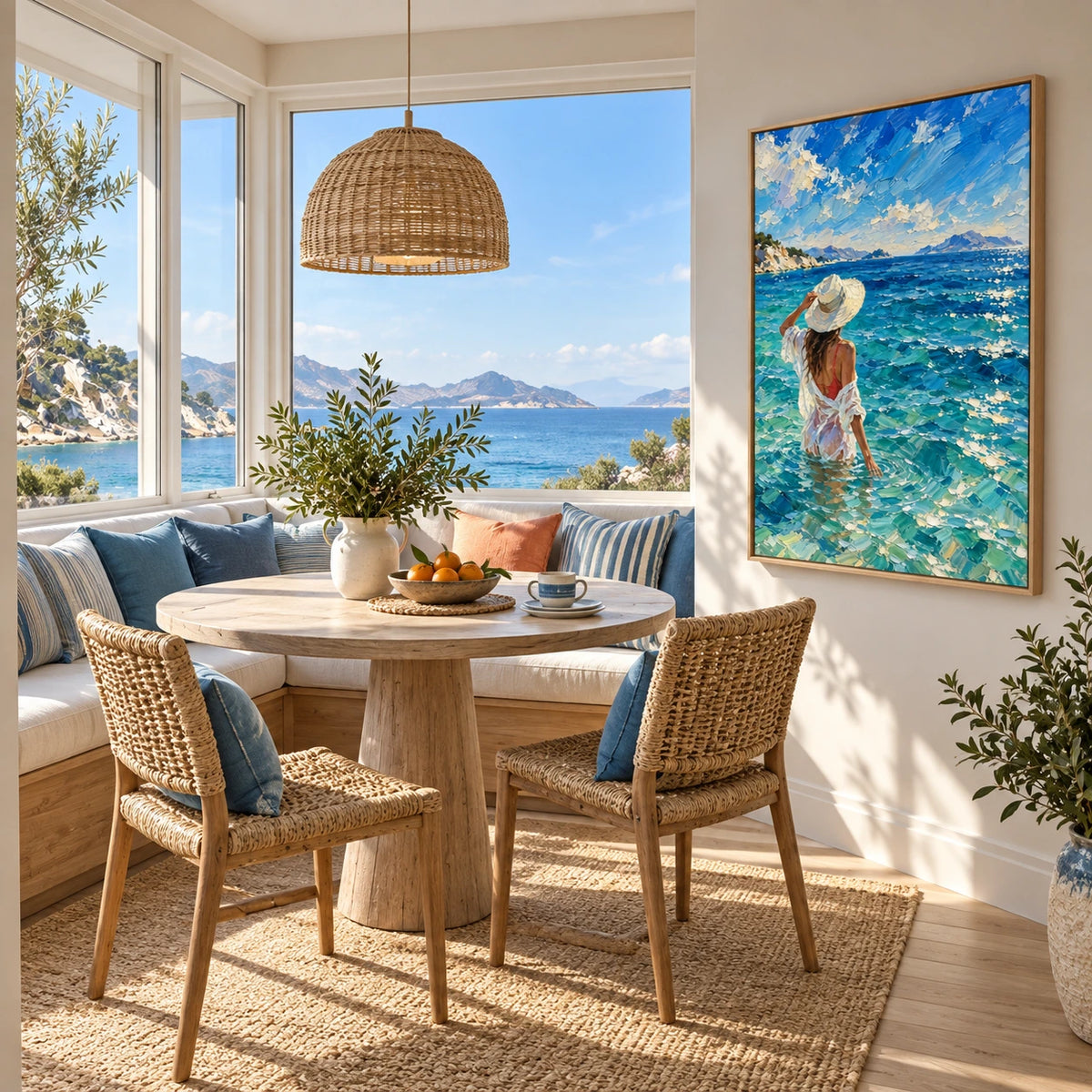 woman at the sea displayed in a breakfast nook