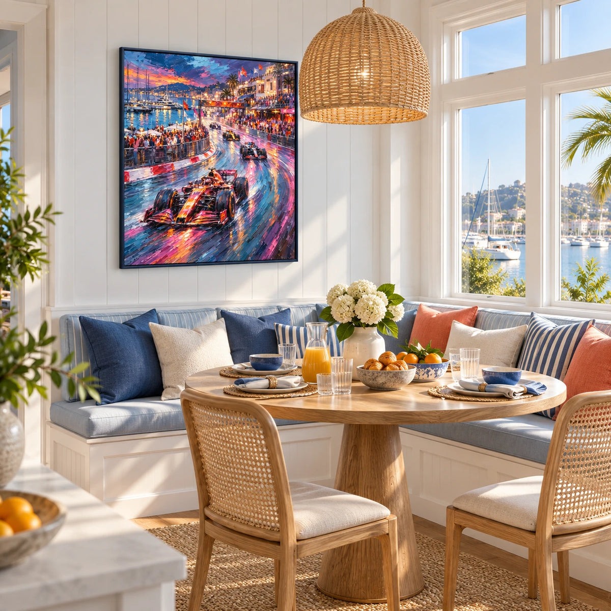harbor grand prix displayed in a coastal breakfast nook