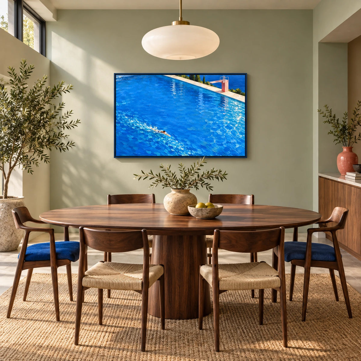 under the quiet diving board displayed in a dining space
