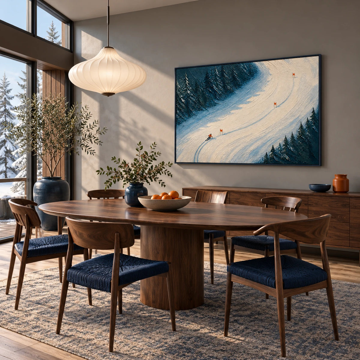 powder run through the pines displayed in a dining space