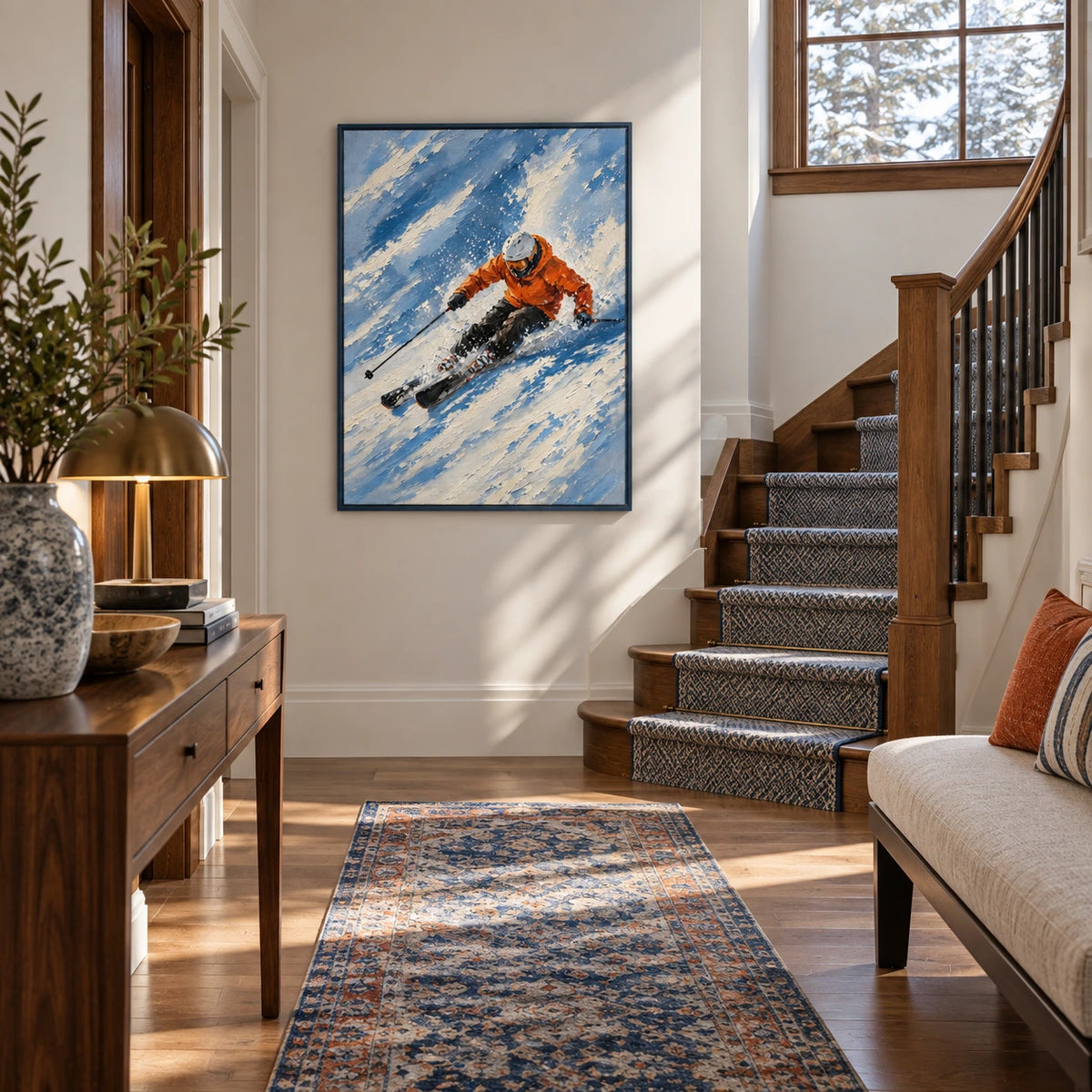 downhill in blue displayed in a entry hall stair landing