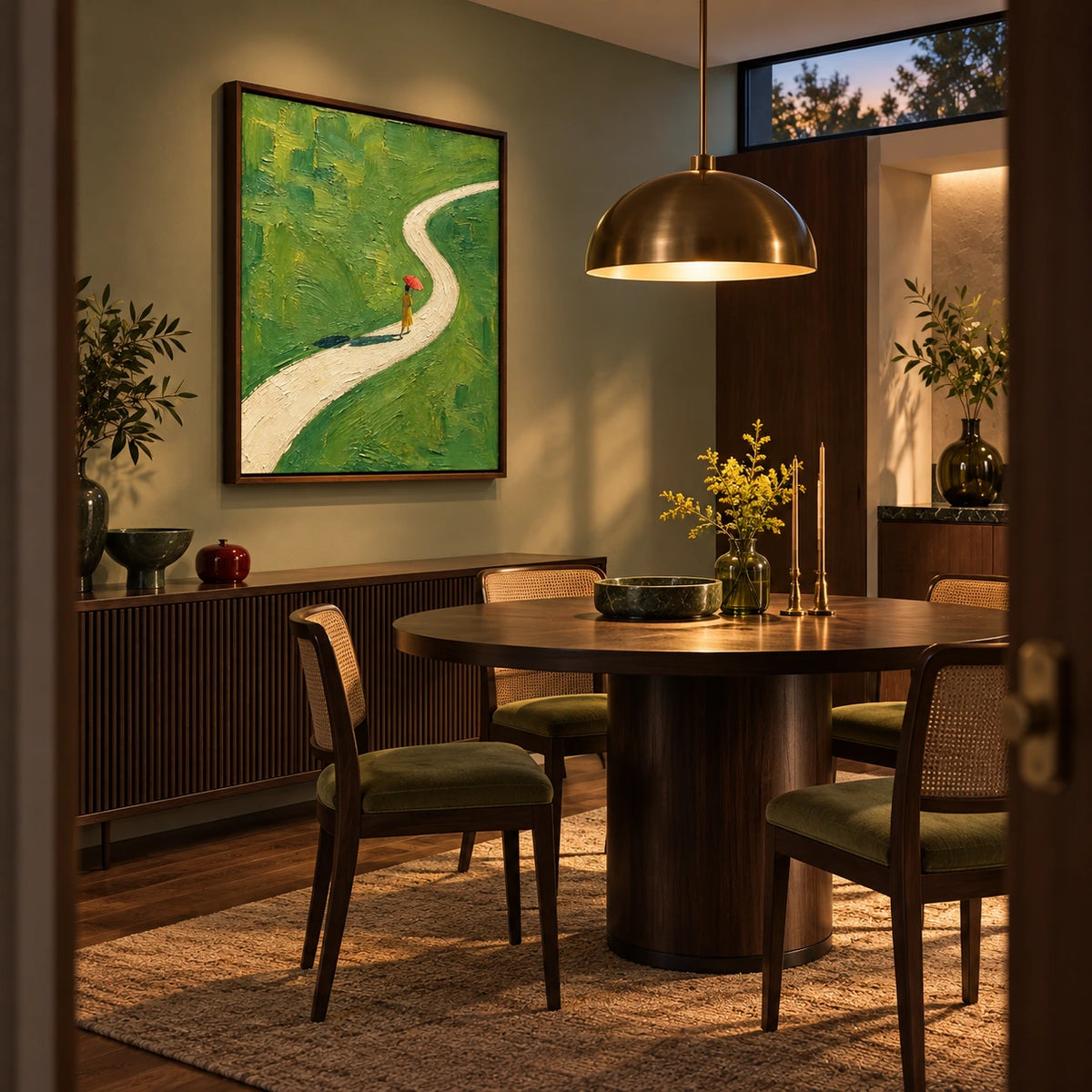 red umbrella walk displayed in a dining room
