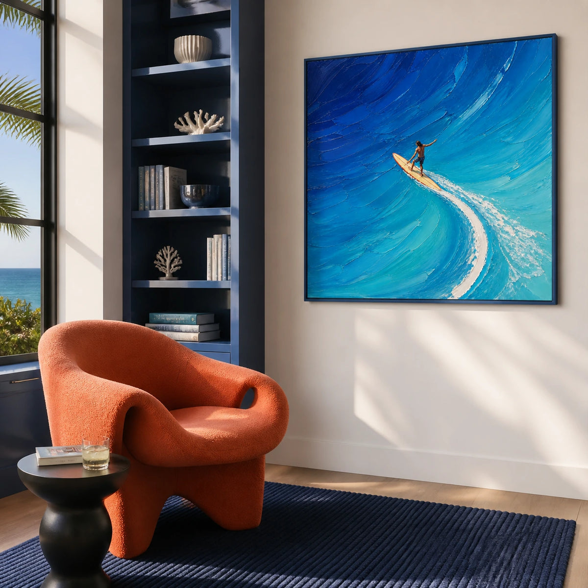 blue current displayed in a reading corner
