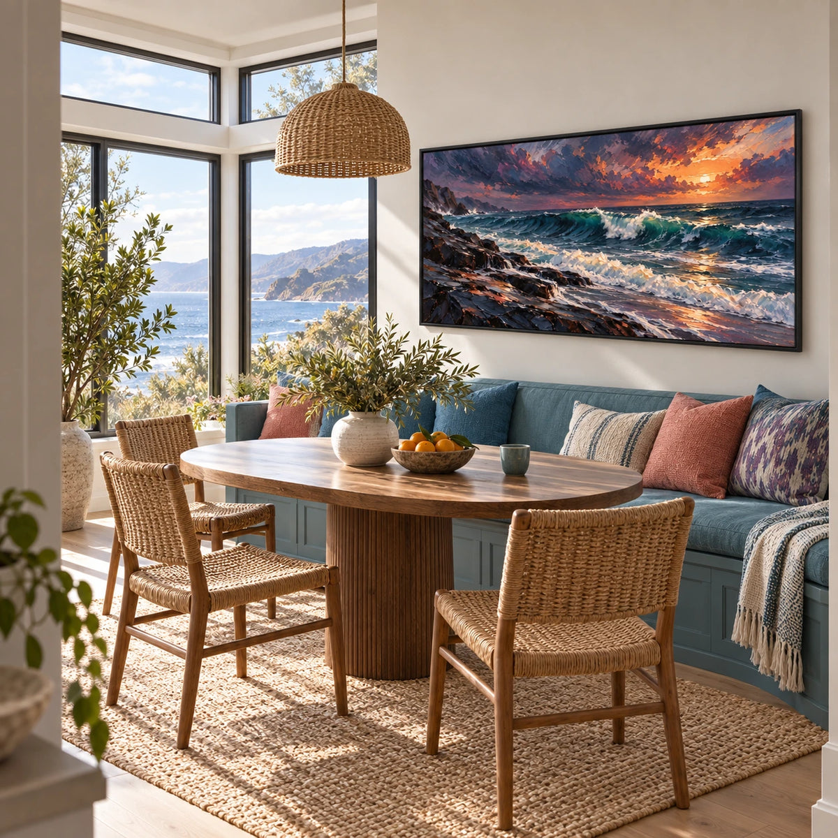 coastal fire displayed in a breakfast nook