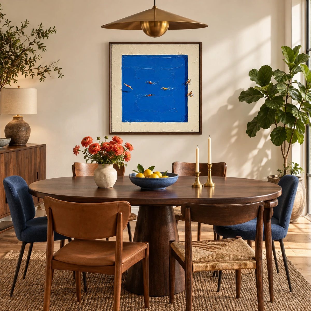 bluewater swimmers displayed in a vintage-contemporary dining space