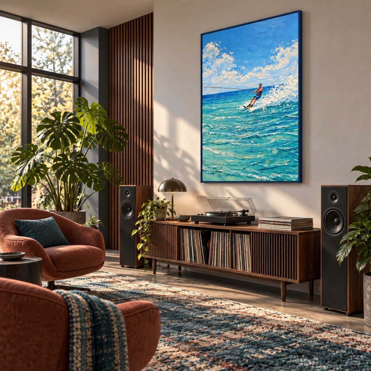 surfing the whitewater displayed in a home music room
