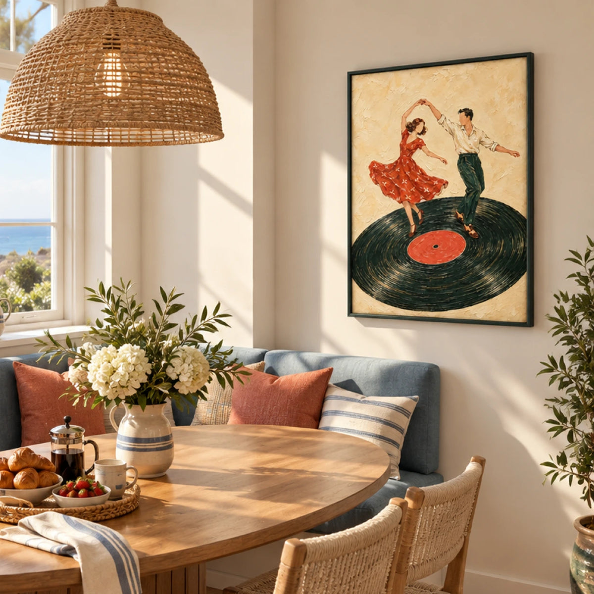 dancing on a record displayed in a breakfast nook