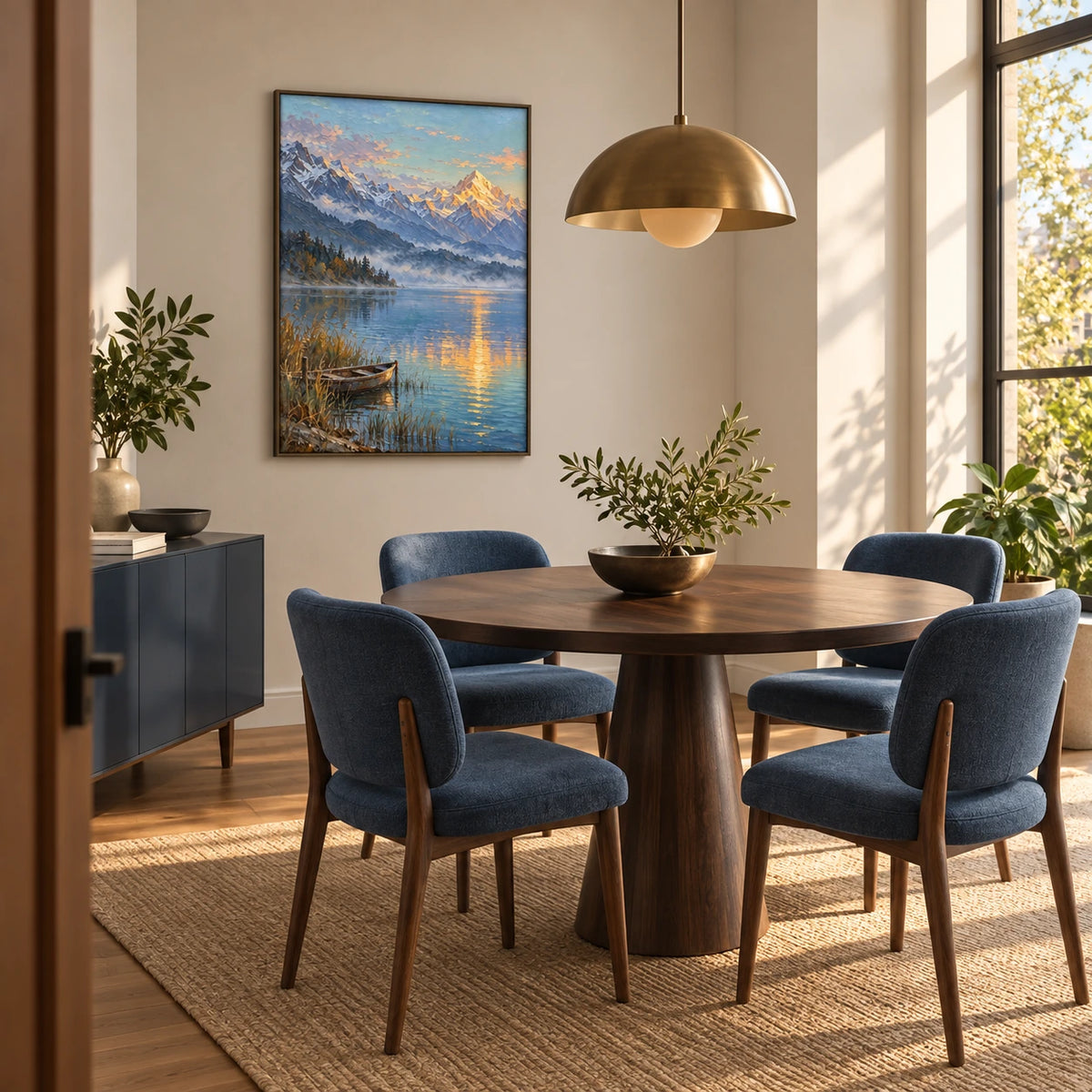golden hour mountain lake displayed in a dining room