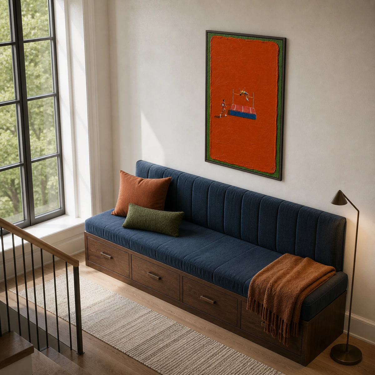 orange field high jump displayed in a landing sitting area